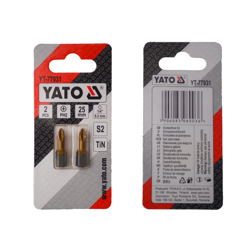 Насадка викруткова YATO PZ2 х 25 мм. HEX 1/4", покрита титаном, 2 шт.(за упак.)