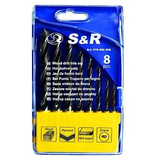 Набiр свердeл по дереву S&R, HSS з подвійною спіраллю, 8шт.: 3, 4, 5, 6, 7, 8, 9, 10 мм, у пластик.кейсі