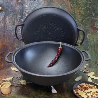 Казан узбецький чавун WOK 12 л з кришкою-сковородою гриль 