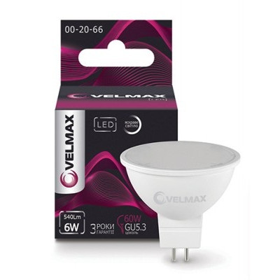 Світлодіодна лампа Velmax V-MR16, 8W, GU5,3. 6500K, 540Lm, кут 120