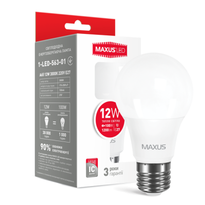Лампа світлодіодна Maxus 1-LED-563 А65 12W 3000K 220V Е27