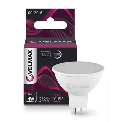 Світлодіодна лампа Velmax V-MR16, 4W, GU5,3, 4100K, 360Lm, кут 120